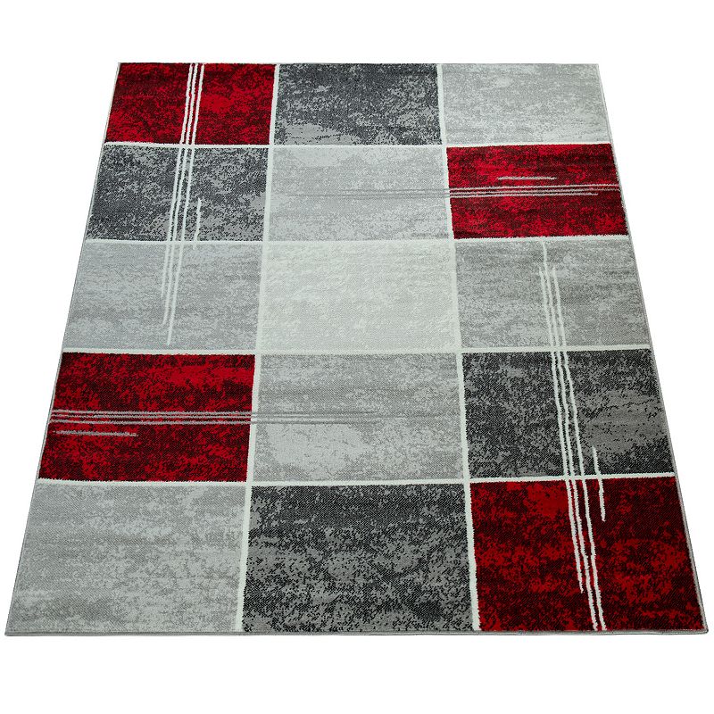 Grey Red White Area Rug Checkered with Marble Effect in Mottled Colors