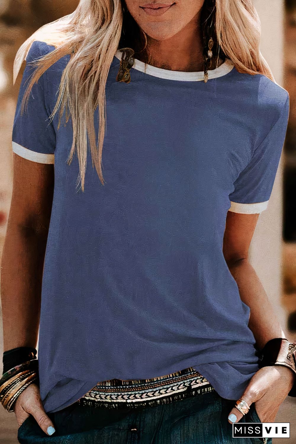 Colorblock Round Neck Short Sleeve T-Shirt