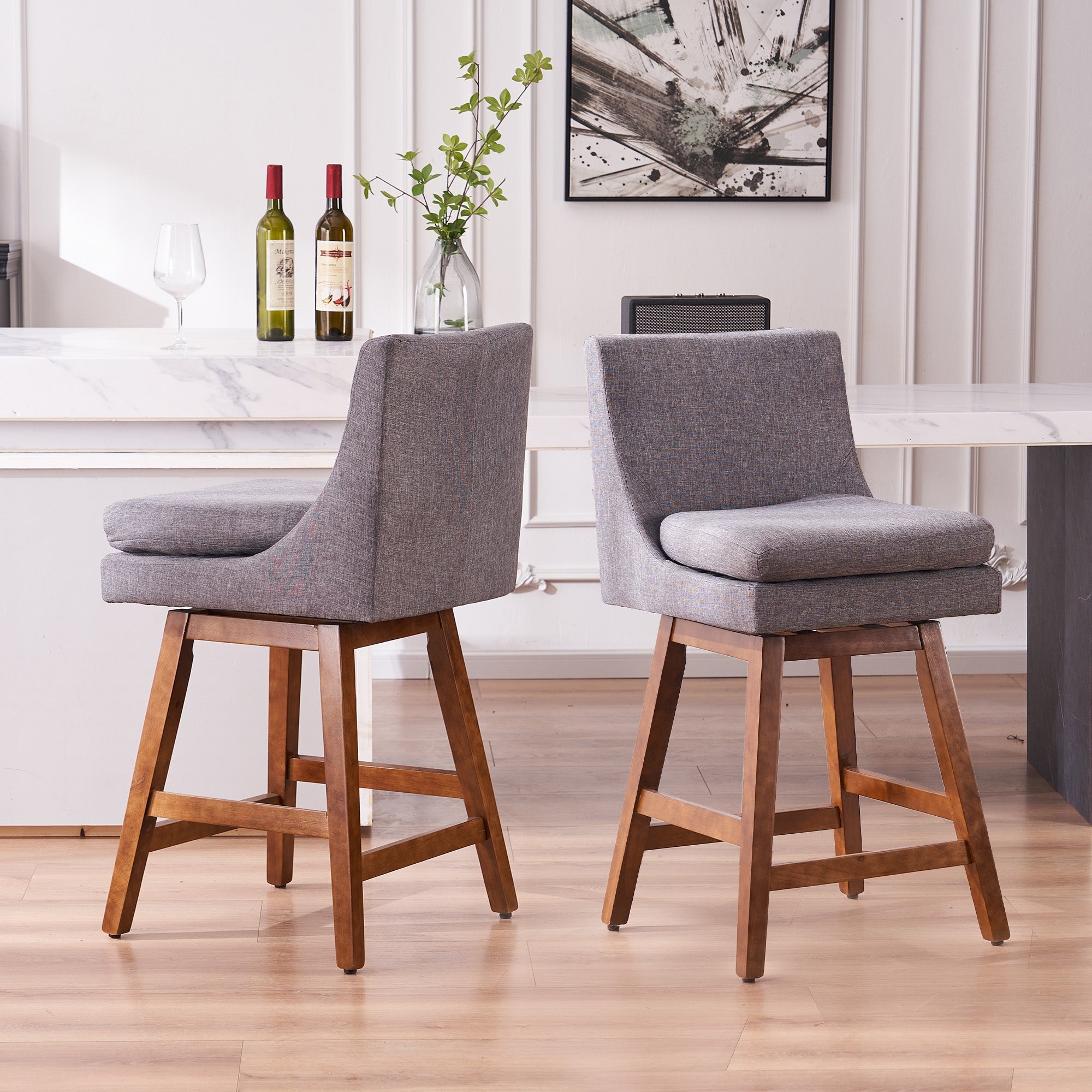 Faux Linen Swivel Bar Stools Set of 2， High Back Bar Height