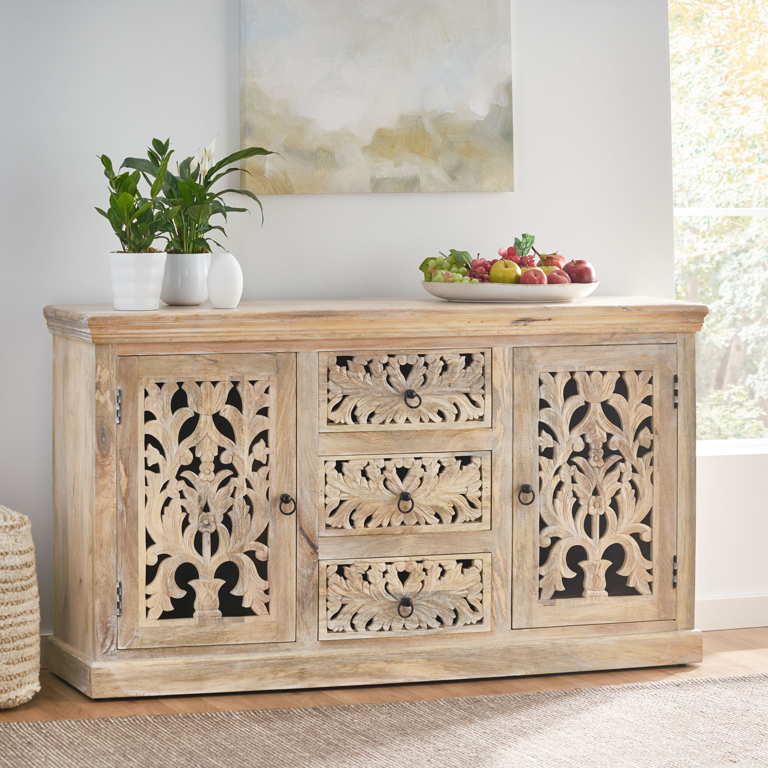 Scaggs Boho Handcrafted Mango Wood 3 Drawer Sideboard, Antique White