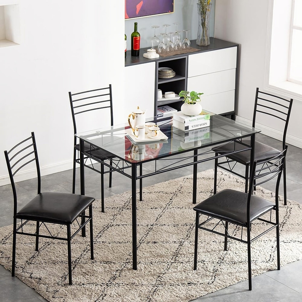 5 pieces Modern Dining Sets Tempered Glass Table Top and 4 PU Chairs