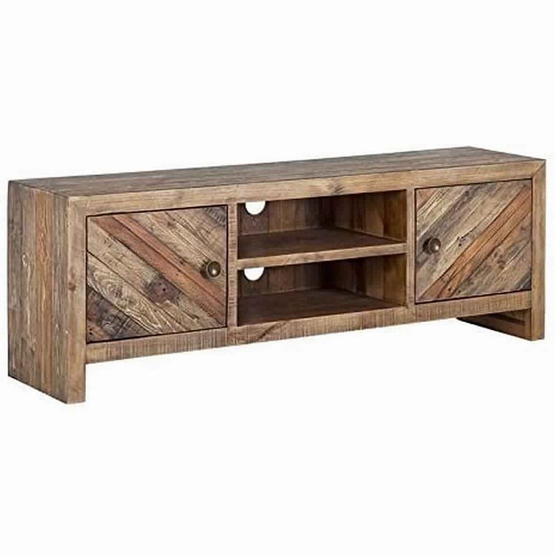 Wooden TV Console with 2 Cabinets and Open Center Shelf， Weathered Brown