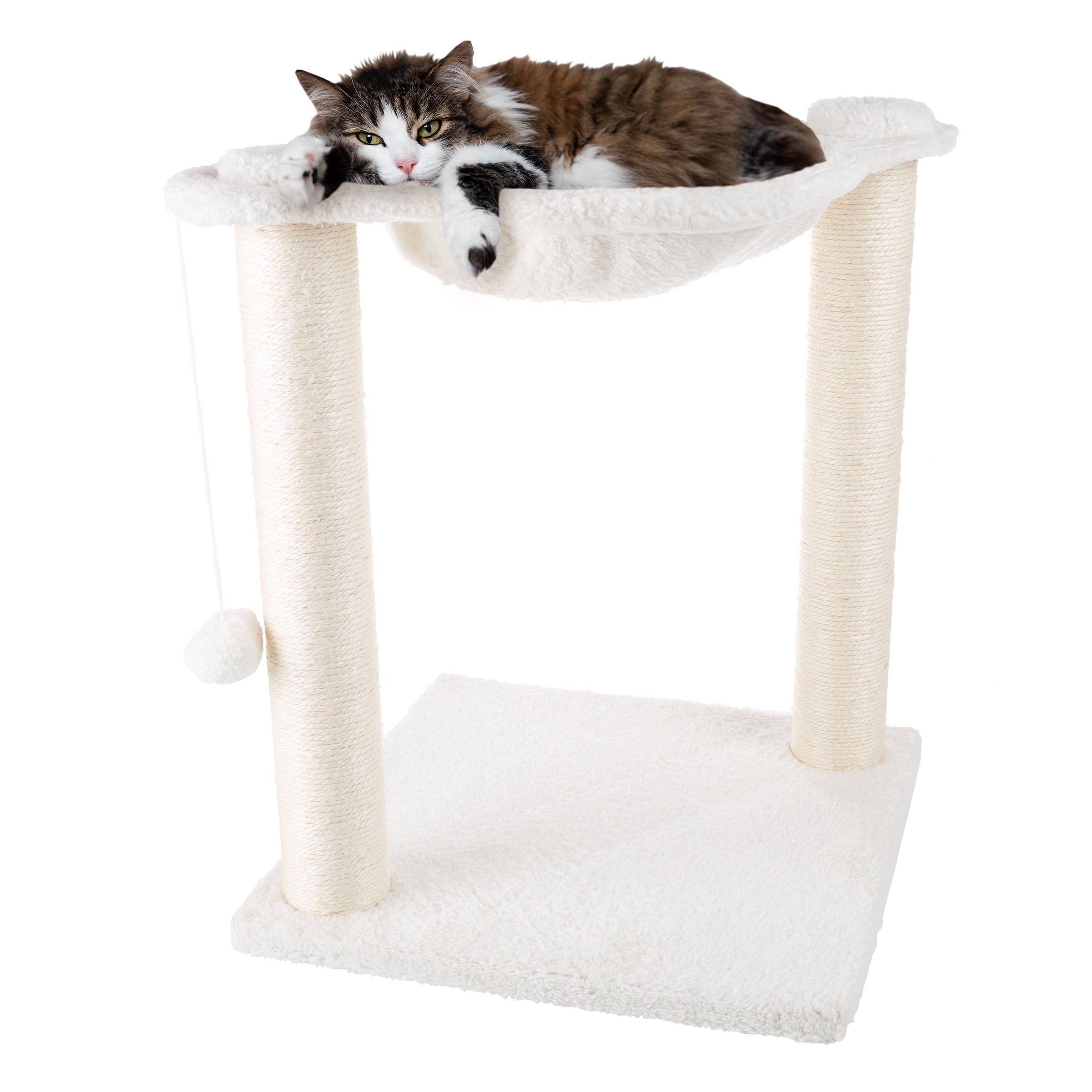 19-Inch Cat Scratching Post with Hammock – Sisal Fabric and Carpet Small Cat Tree， Hanging Ball Toy for Adult Cats and Kittens by PETMAKER (White)