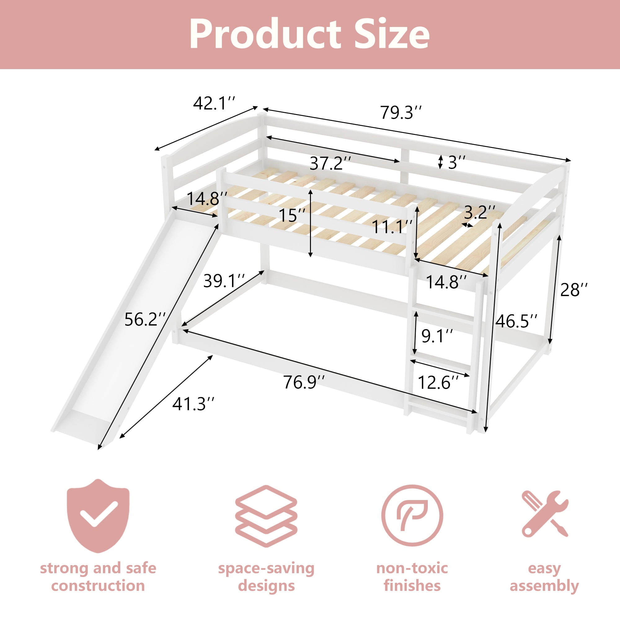 Sesslife Wood Floor Bunk Bed with Convertible Slide and Ladder for Boys Girls Toddlers, White Twin Over Twin Bunk Bed for Home Children’s Room, TE850