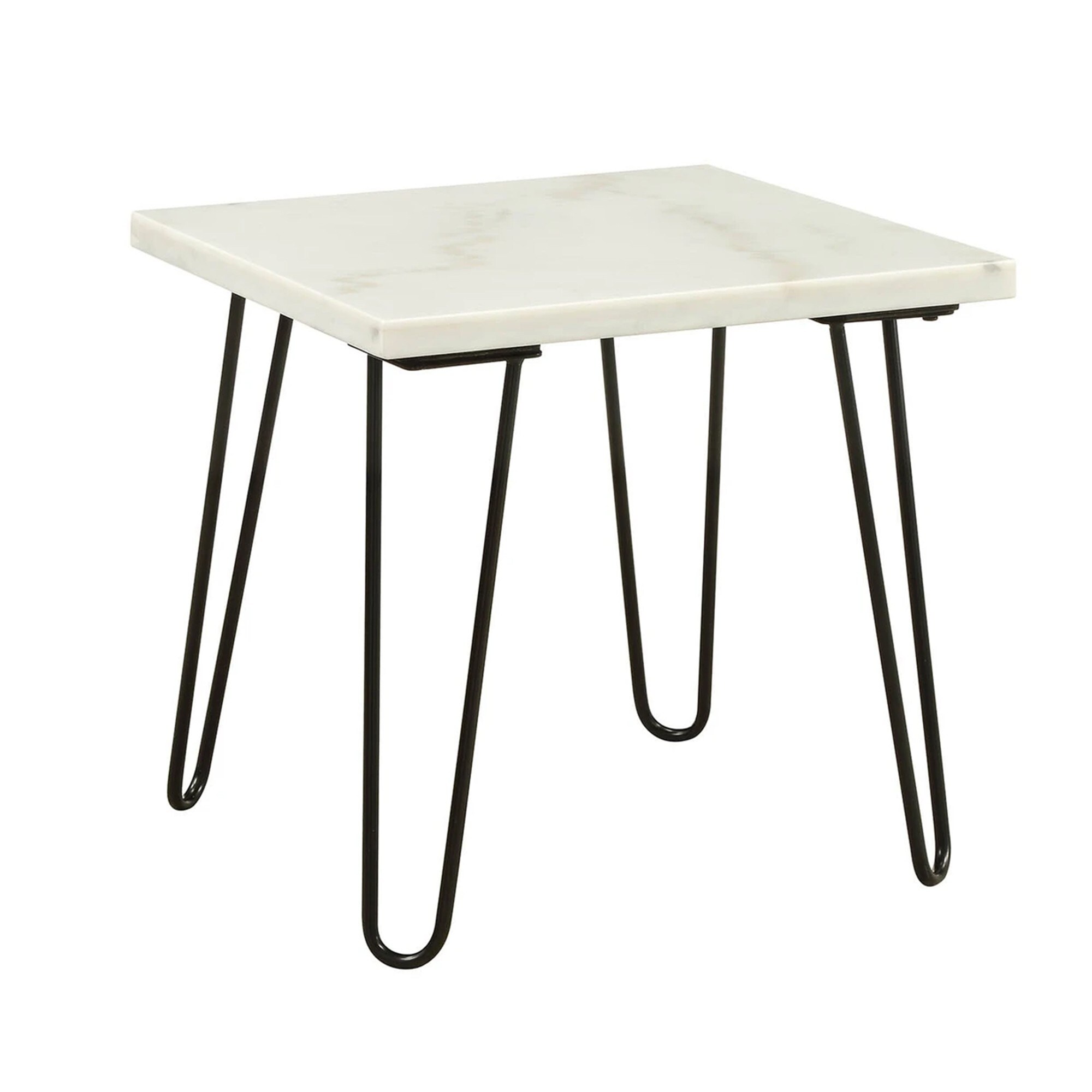 Marble Top End Table with Hairpin Style Metal Legs， White and Black