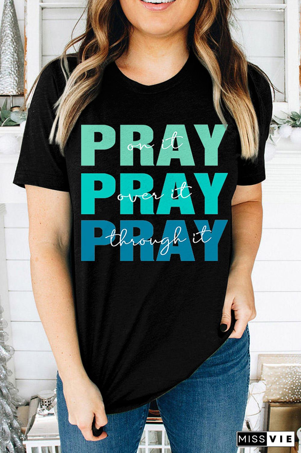 Pray Print Graphic Tees for Women Wholesale Short Sleeve T shirts Top