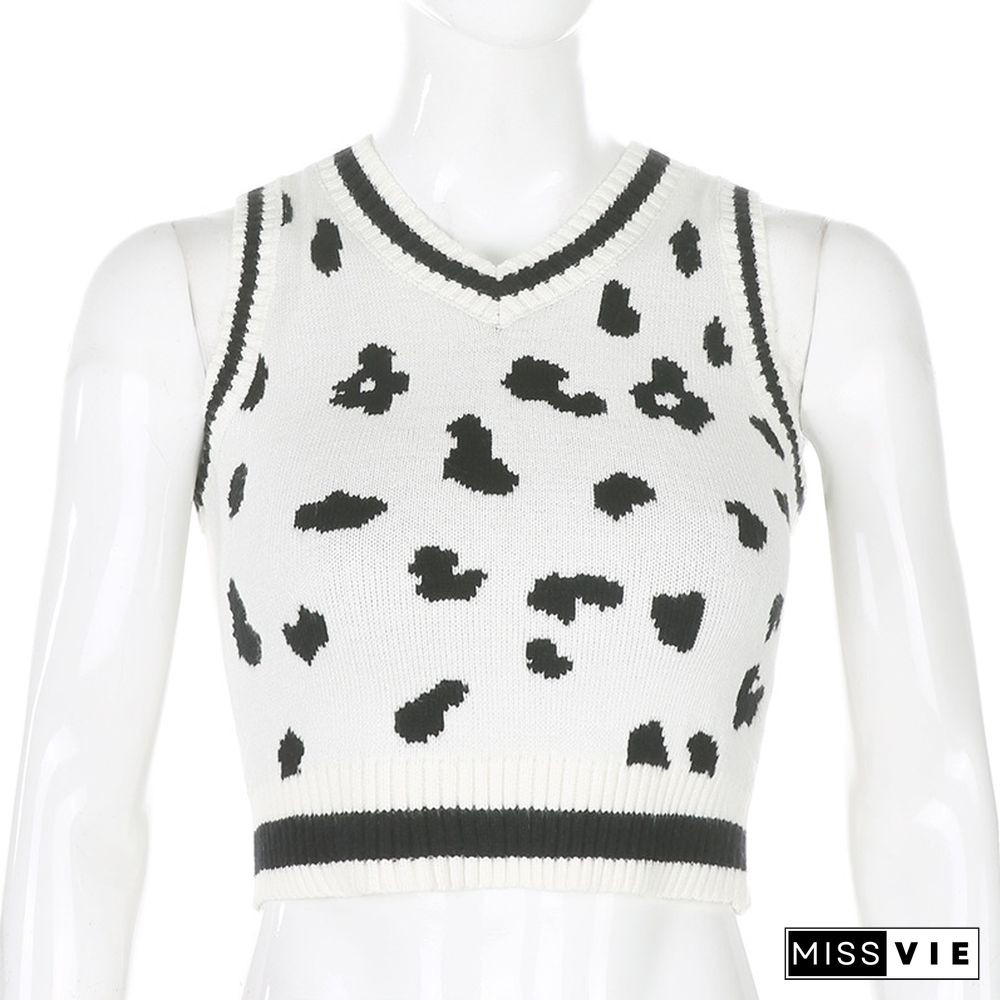 Fashion Cow Print Sweater Vest Women Knitted Pullovers Loose Vintage Waistcoat Sleeveless Pullover Sweater Tops Knitted Tops