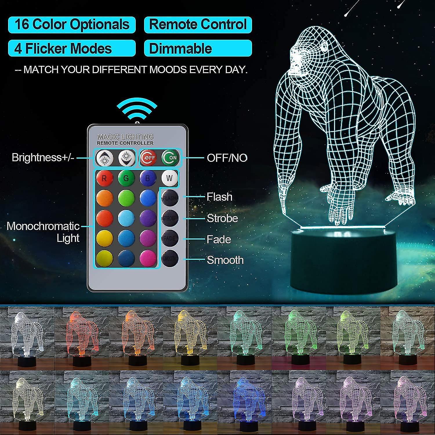 Wekity 3d Gorilla Night Light， Baby Gorilla Lamp， Bedside Table Lamps Led Lamp 16 Colors Change With Remote Control and Touch Control， Home Decor Acryli