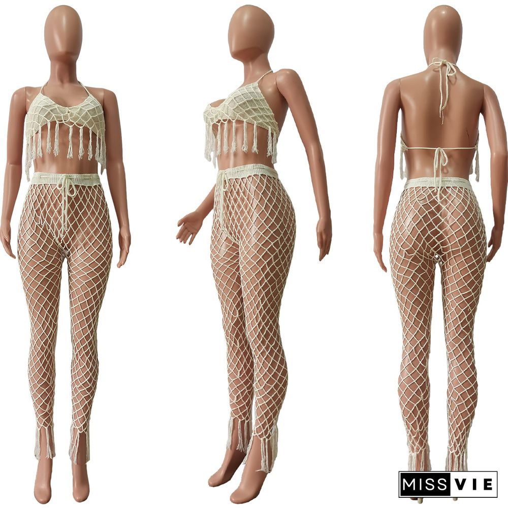 Knit Crochet Halter Bra Hollow Out Pants 2 Piece Set