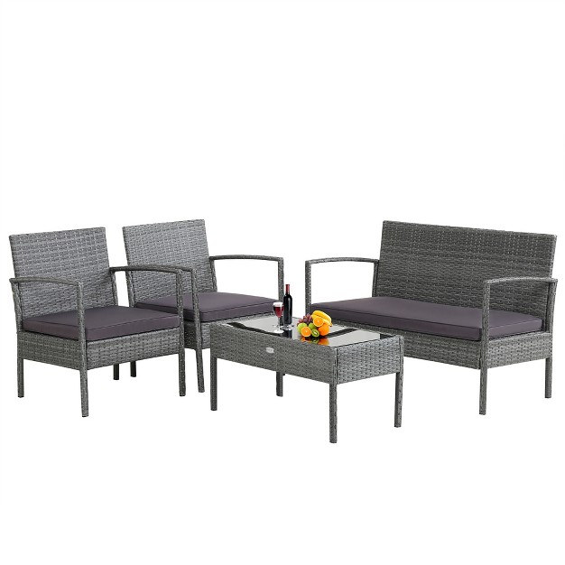 Costway 4 Pcs Outdoor Rattan Furniture Set Patio Conversation Sofa Set Cushioned Grey