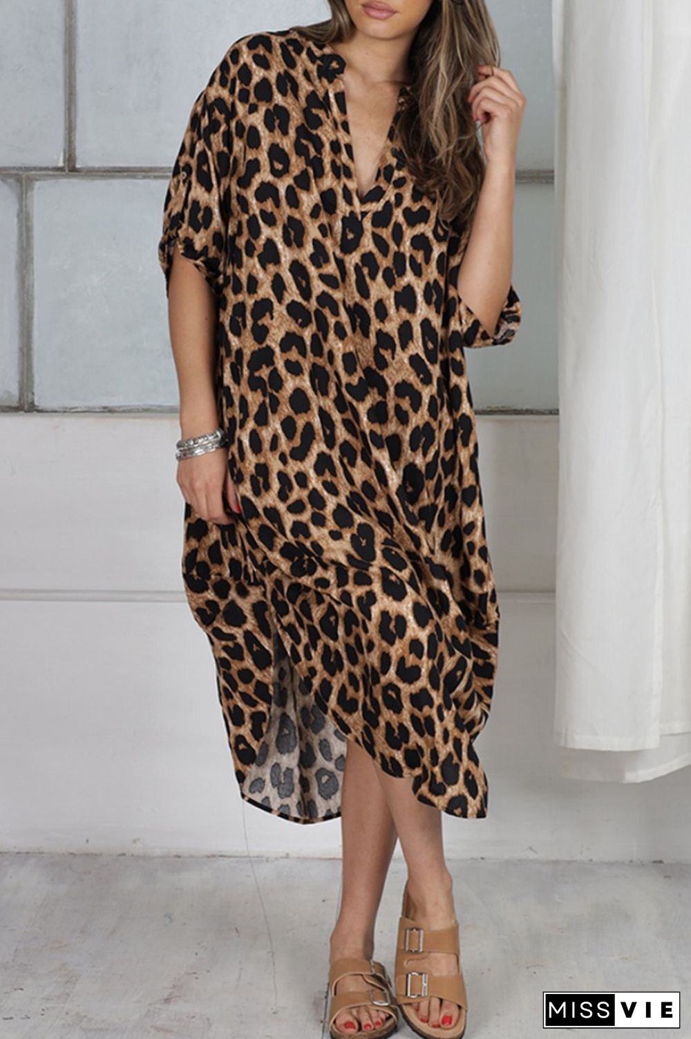 Camel Casual Print Leopard Patchwork V Neck Printed Dress Dresses