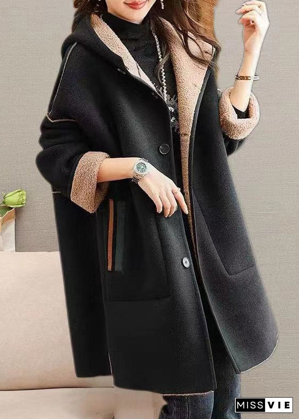 Plus Size Black Hooded Pockets Patchwork Woolen Coat Winter