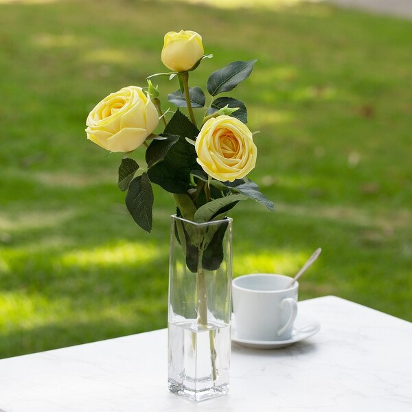 Enova Home Artificial Silk Rose Flower in Clear Glass Vase Faux Rose Flower with Vase For Home Office Decoration