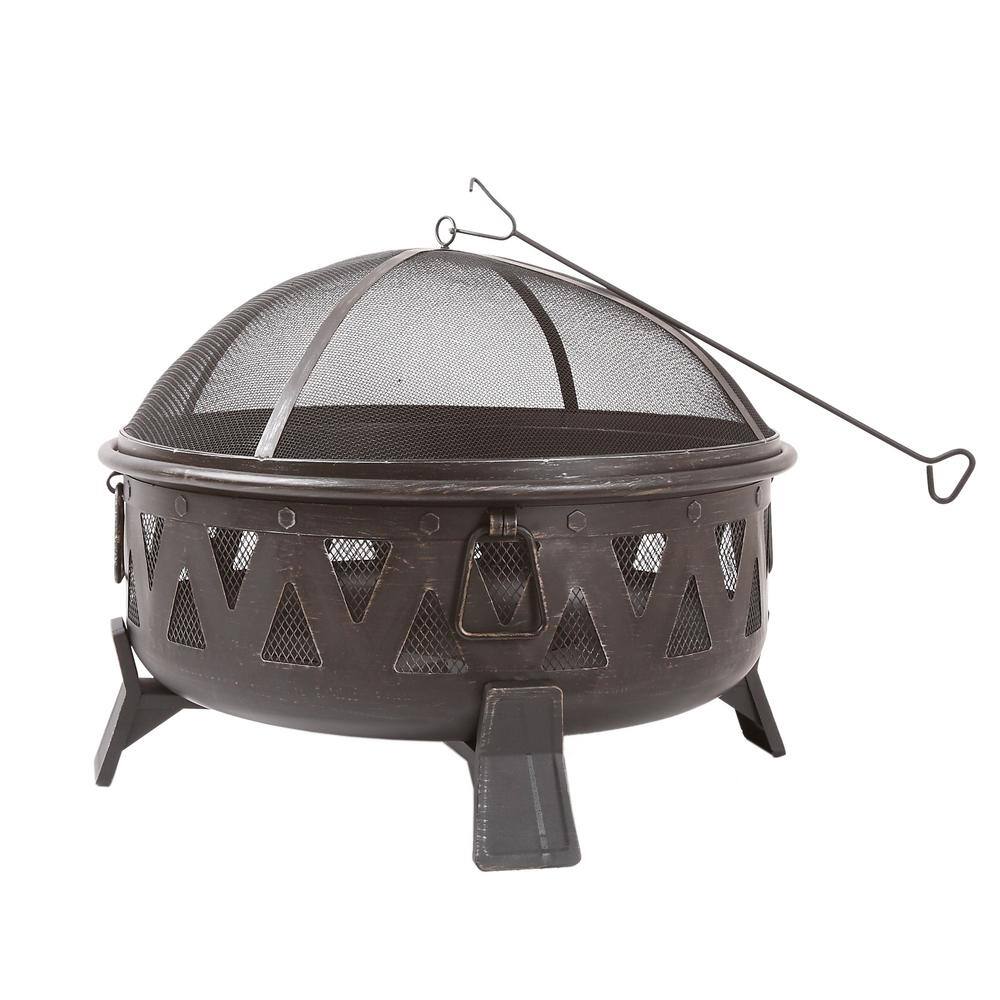 HeatMaxx Outdoor Wood Burning Fire Pit 29.9 in. Round Deep Bowl Fire Pit with Spark Screen Cover and Poker for Backyard Garden SRFP11354