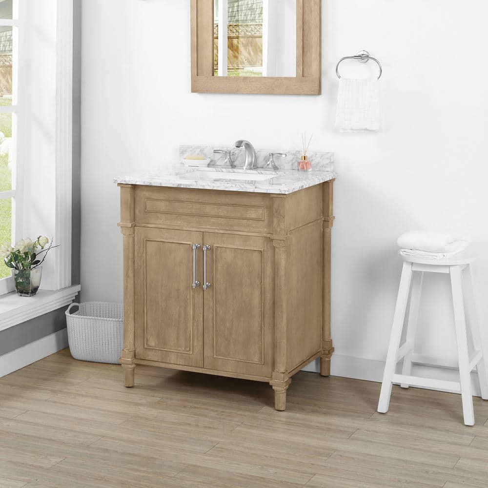 Home Decorators Collection Aberdeen 30 in x 22 in D x 345 in H Bath Vanity in Antique Oak with White Carrara Marble Top