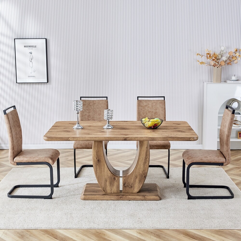 Rectangular 5 Piece Marble Dining Table Set with PU Leather Chairs