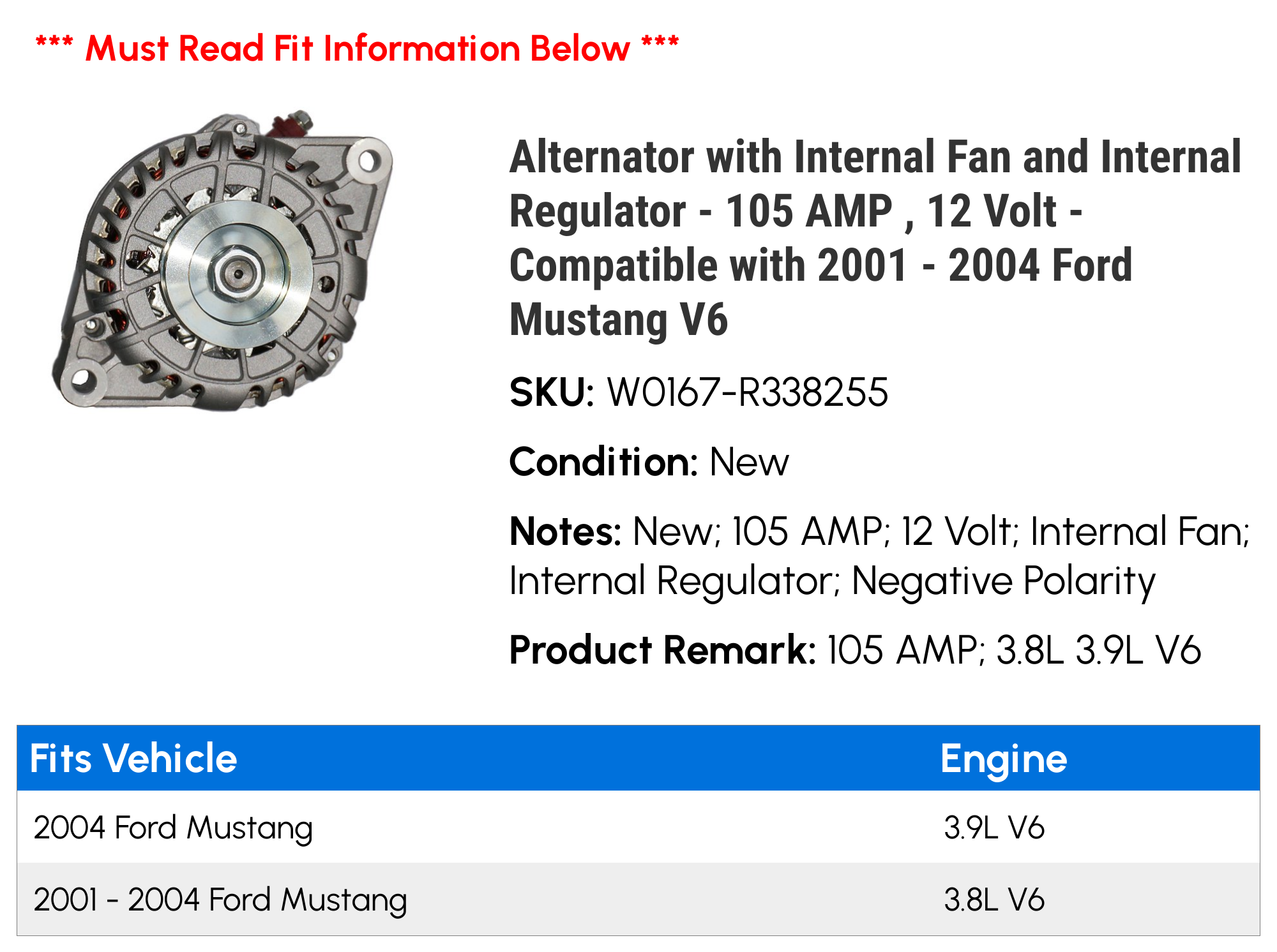 Alternator with Internal Fan and Internal Regulator - 105 AMP ， 12 Volt - Compatible with 2001 - 2004 Ford Mustang V6 2002 2003