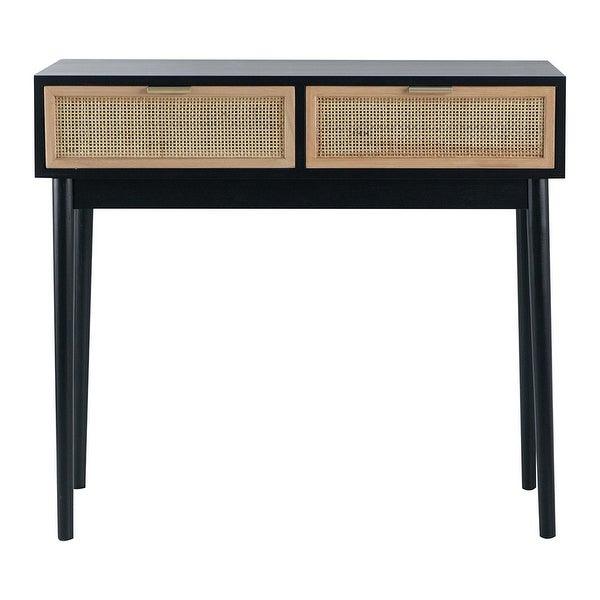 Ela 35 Inch 2 Drawer Wood Console Table， Woven Rattan Panels， Brown， Black