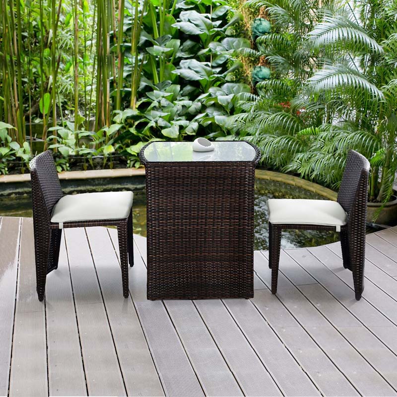 3 Pcs Rattan Wicker Patio Conversation Sets with Cushioned Outdoor Chair and Table Set