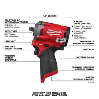 MW M12 FUEL 12V Lithium-Ion Brushless Cordless Stubby 38 in. Impact Wrench (Tool-Only) 2554-20