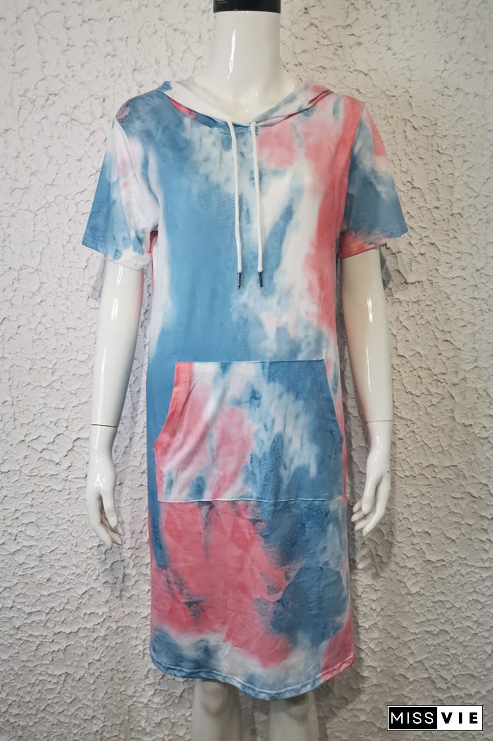 Blue Tie Dye Kangaroo Pocket Short Sleeves Hoodies Dress