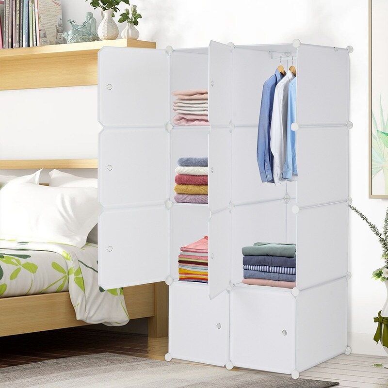 8/12/16/20 Cube Organizer Stackable Plastic Cube Storage Closet Cabinet with Hanging Rod White