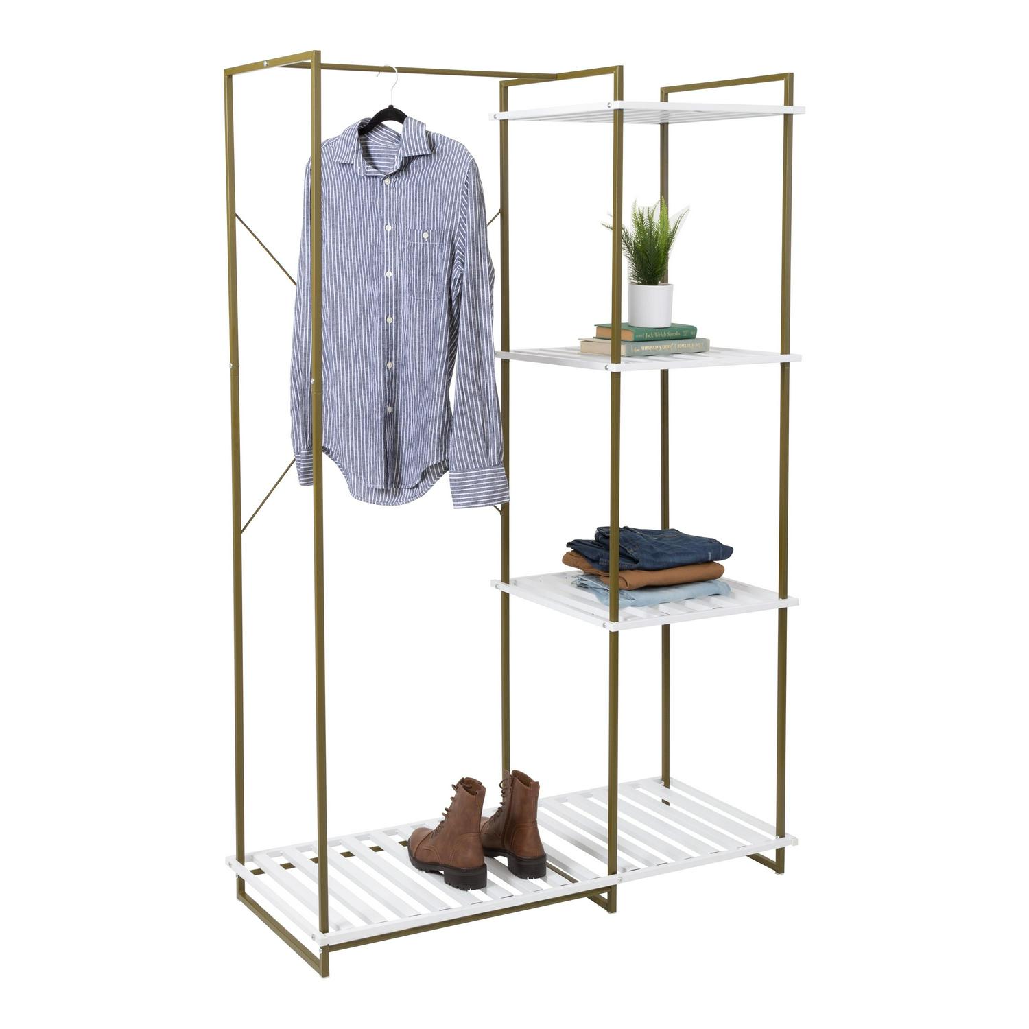 Honey-Can-Do Freestanding Open Metal Closet Wardrobe， Olive and White，Shelves and Shelf Units Olive，Steel