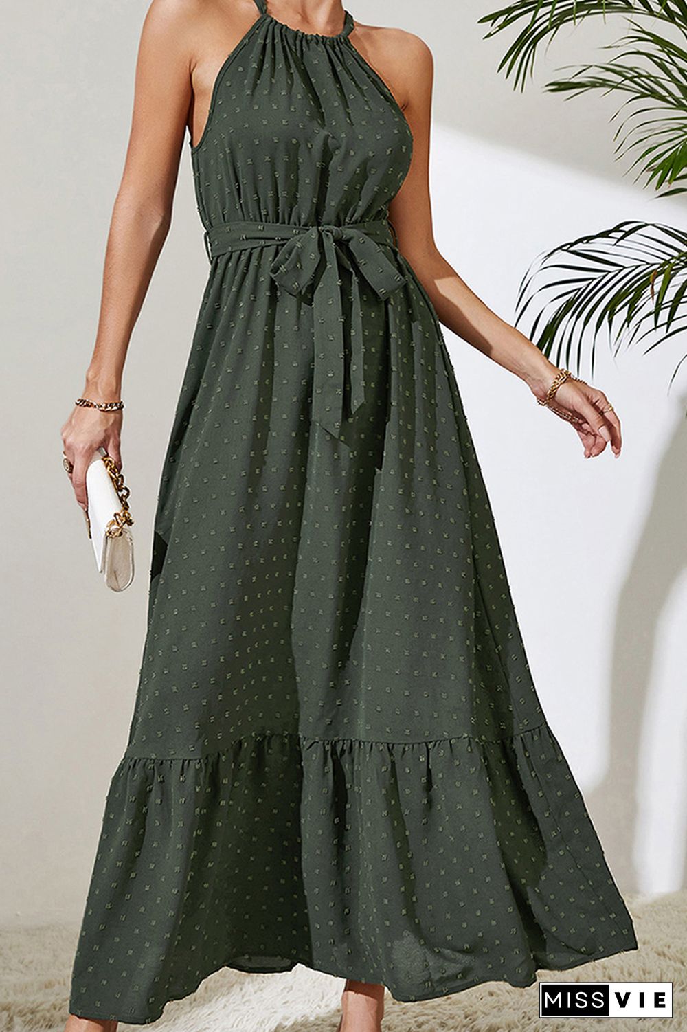 Dark Green Swiss Dot Halter Sleeveless Maxi Dress