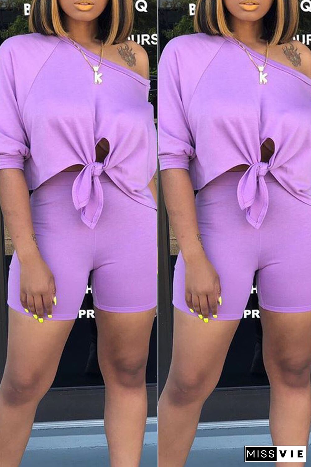 Purple Fashion Casual Shorts Two-piece Suit