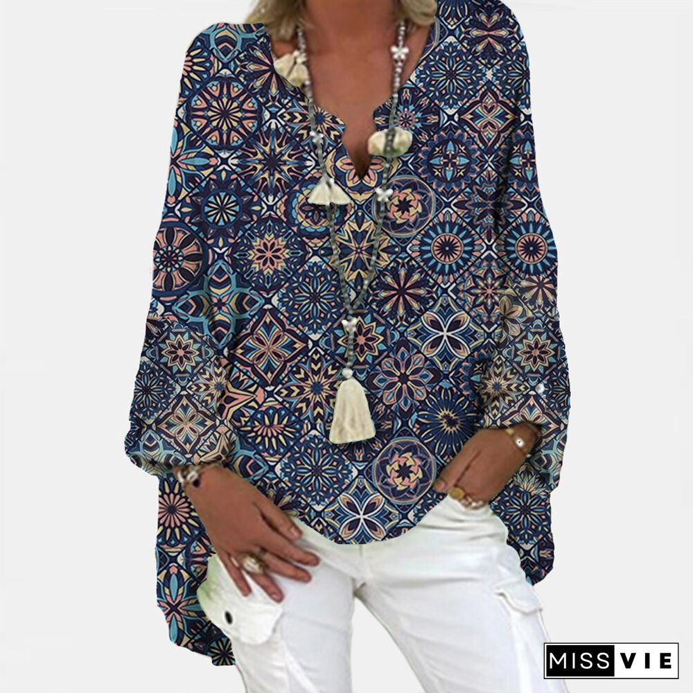 40#Women's Blouses Boho Floral Print Plus Size Loose Blouse Long Sleeve V-neck Loose Shirt Top Elegant Pullover ShirtsBlusas