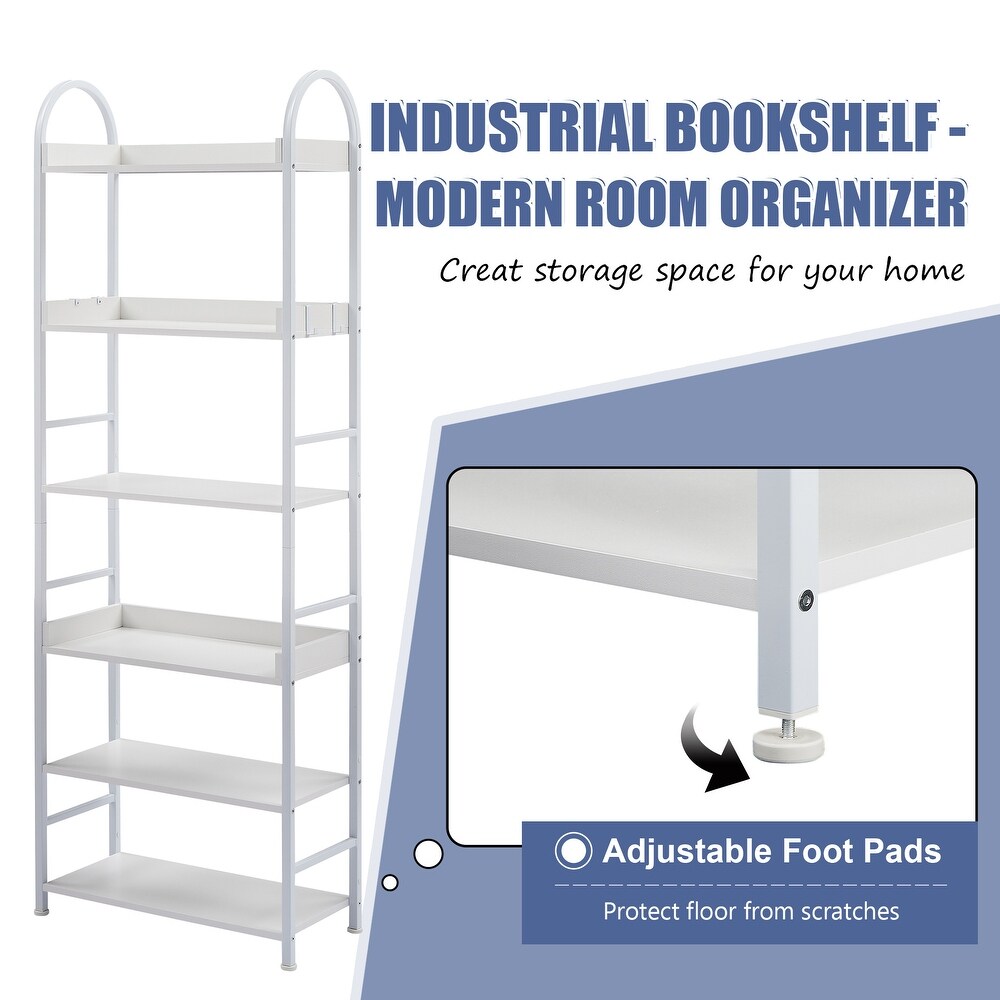 70.8 Inch Tall Bookshelf  MDF Boards 6 tier Shelves with Round Top Frame Adjustable Foot Pads