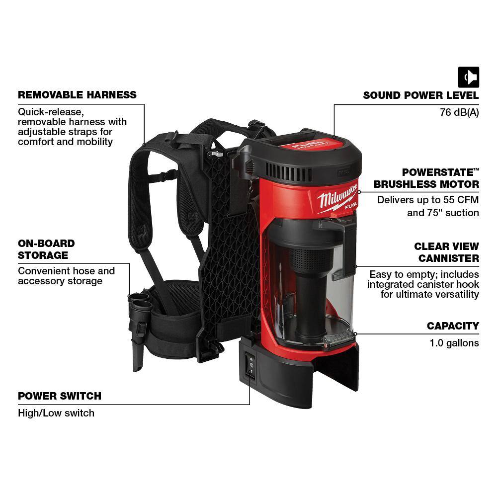 MW M18 FUEL 18-Volt Lithium-Ion Brushless 1 Gal. Cordless 3-in-1 Backpack Vacuum (Vacuum-Only) 0885-20