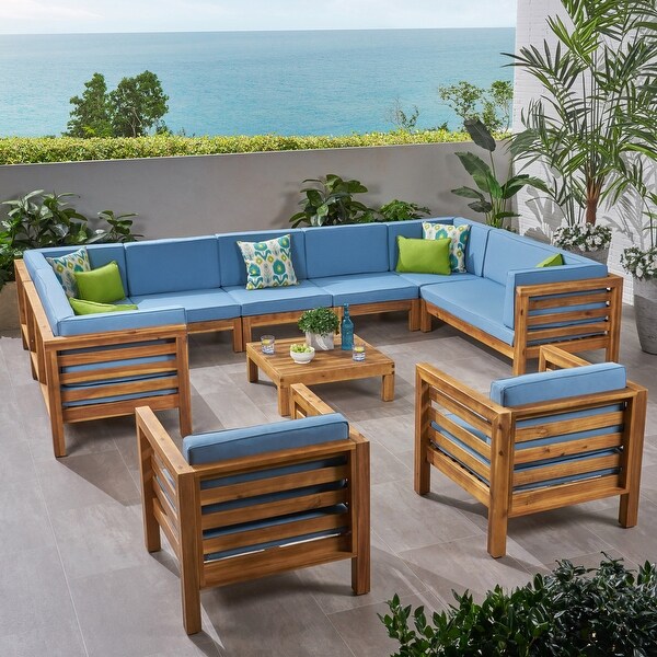 Oana Outdoor 11 Seater Acacia Wood Sectional Sofa and Club Chair Set by Christopher Knight Home