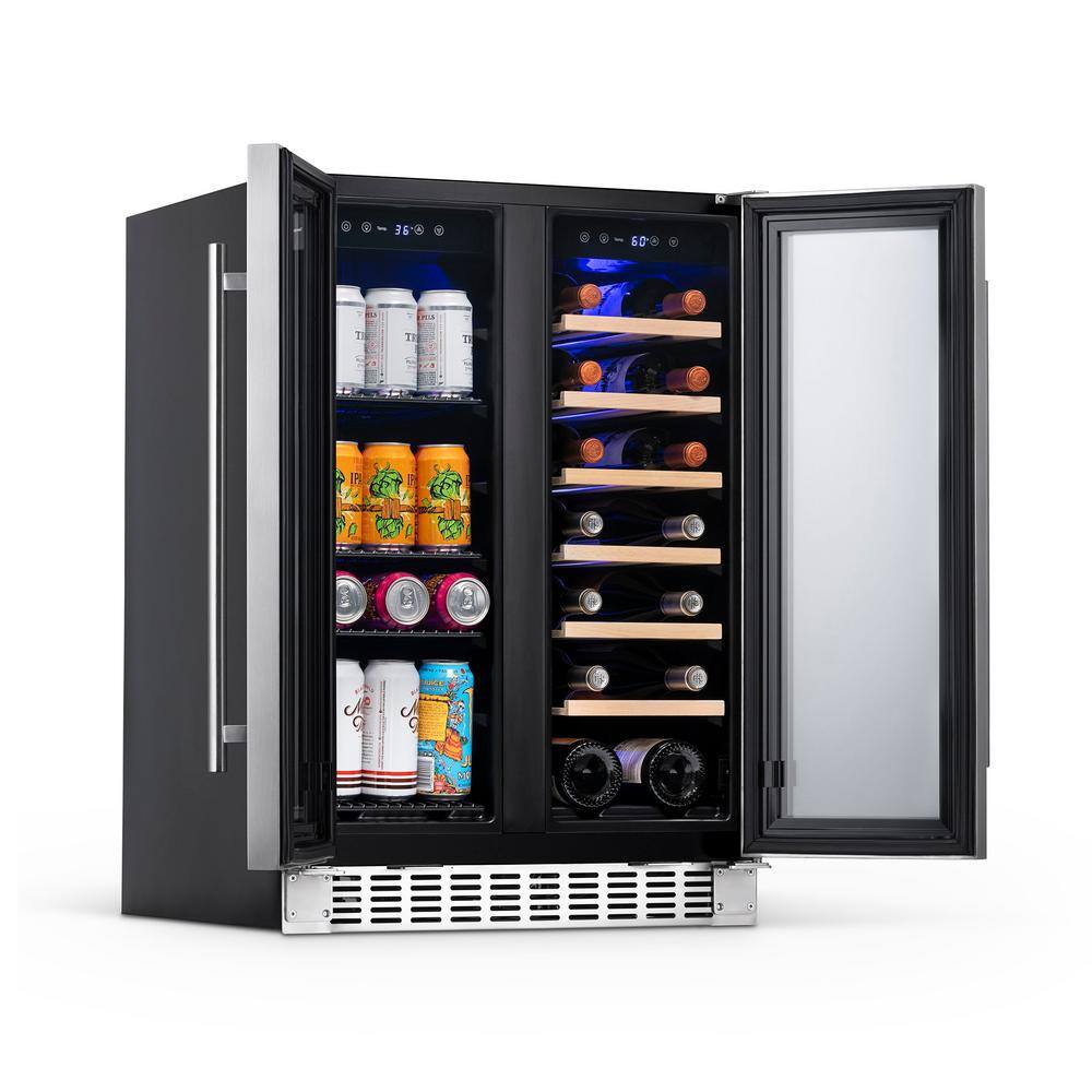 NewAir 24 in. 18 Bottle and 58 Can Premium Built-in Dual Zone French Door Wine and Beverage Fridge with SplitShelf NWB080SS00