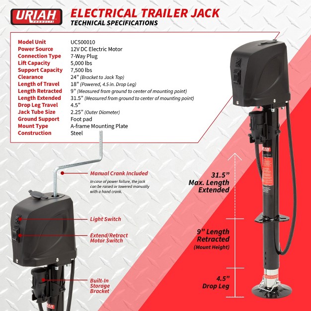 Uriah Products 5000 Pound Lift Capacity 12 Volt 7 Way Connector Electric Trailer Jack With Easy To Use Switch And Oversized Adjustable Footpad Black