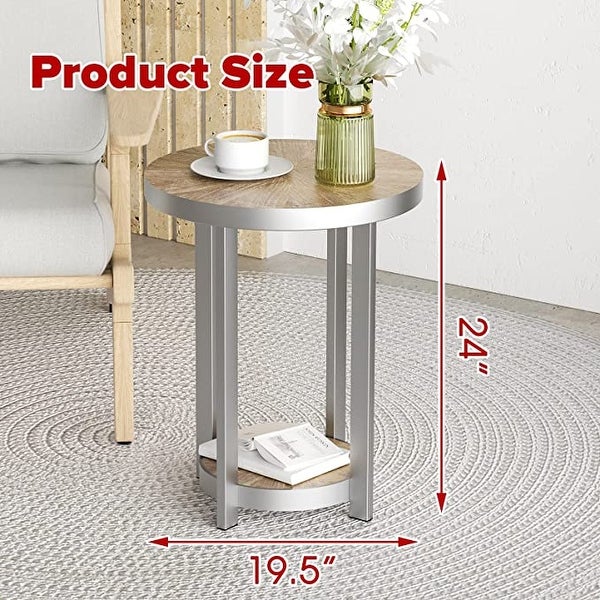 Modern Round Silver End Table， Contemporary Metal Frame Side Table for Living Room， 2-Tier End Table， Natural Wood and Silver