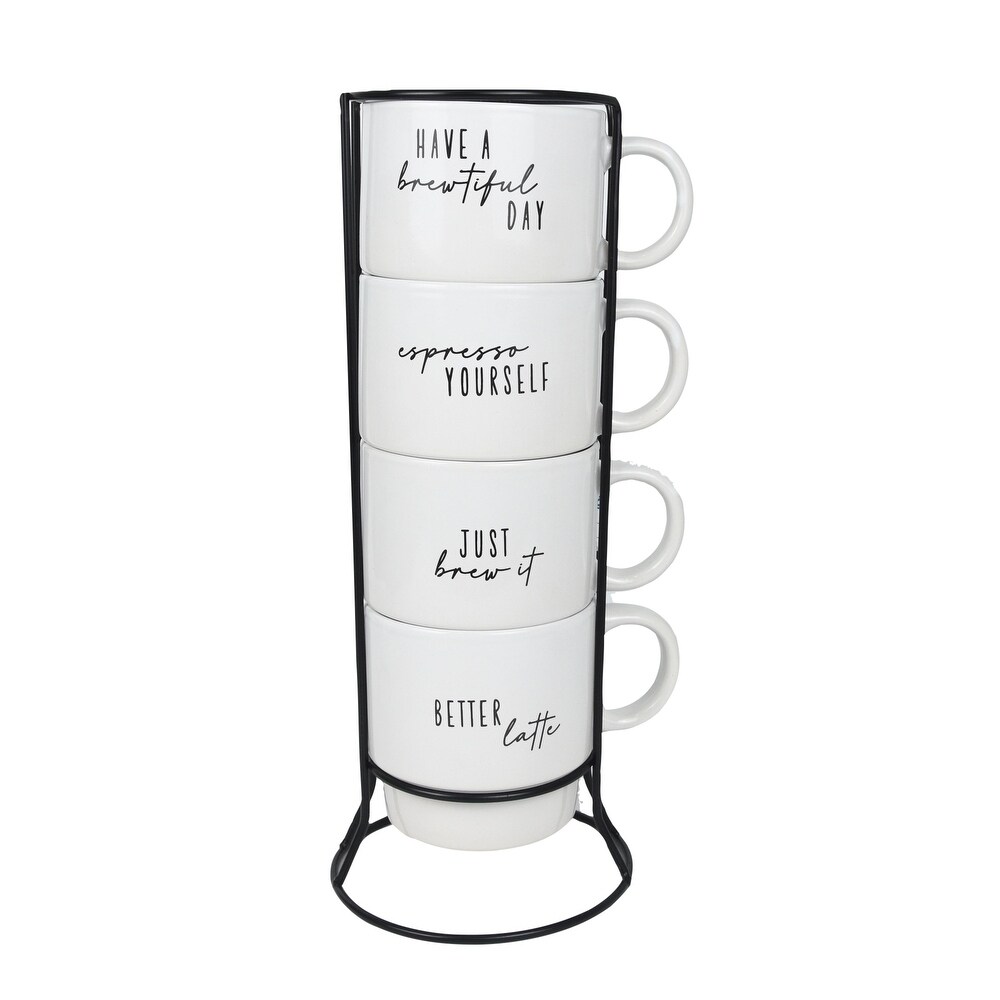 Coffee World Text Ceramic 4 Mug Set with Stackable Metal Rack