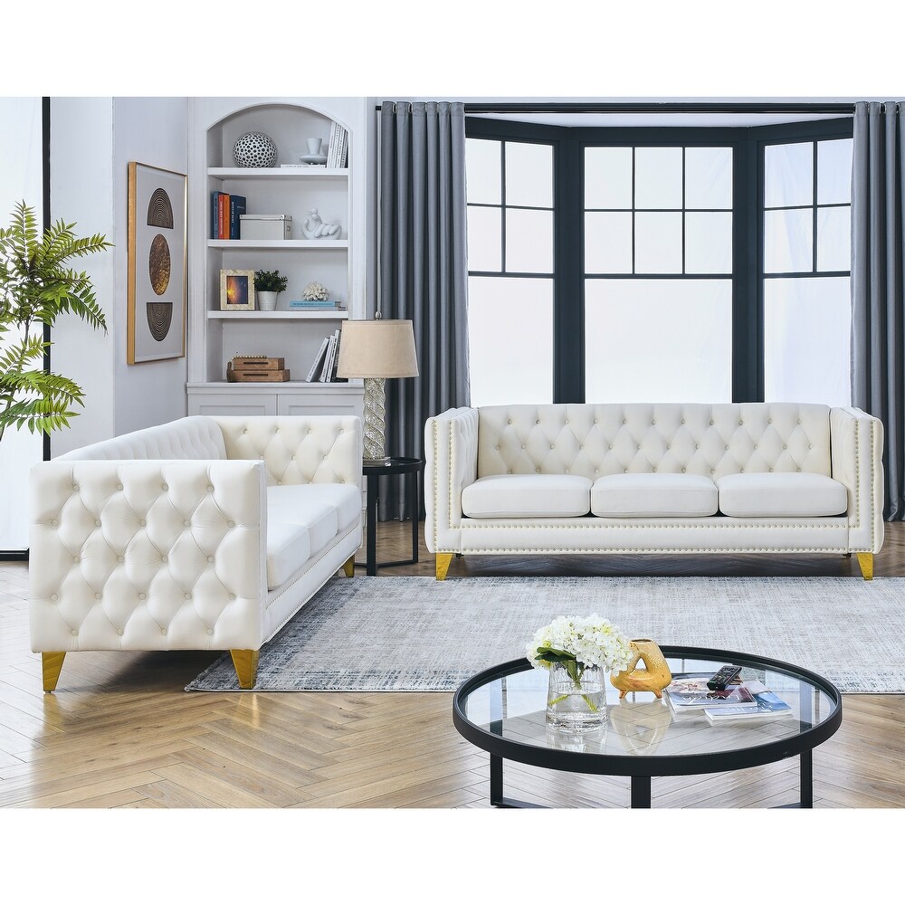 Classic Velvet Chesterfield Sofa Set with Nailhead Trim (Solid Wood Frame  3 Seaters)