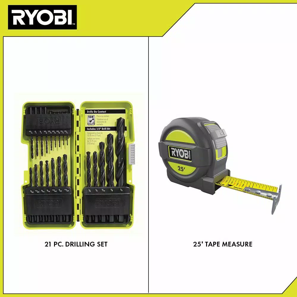 RYOBI Black Oxide Drill Bit Set (21-Piece) with BONUS 25FT Tape Measure and#8211; XDC Depot