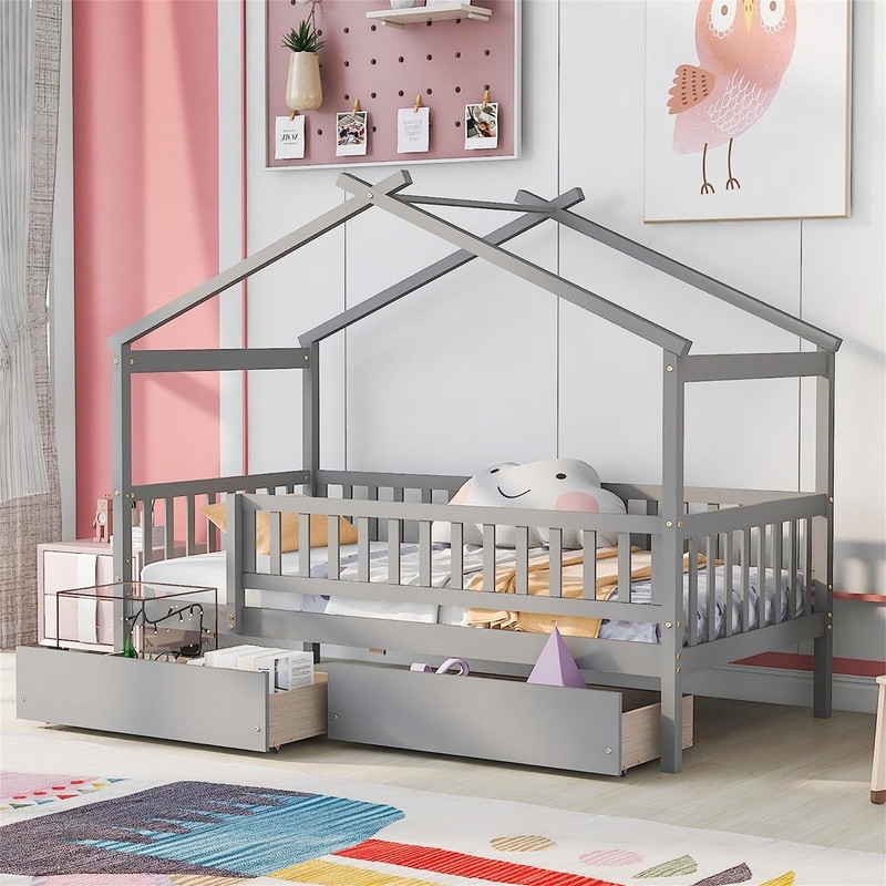 Twin House Bed with 2 Storage Drawers Rails and Roof for Kids