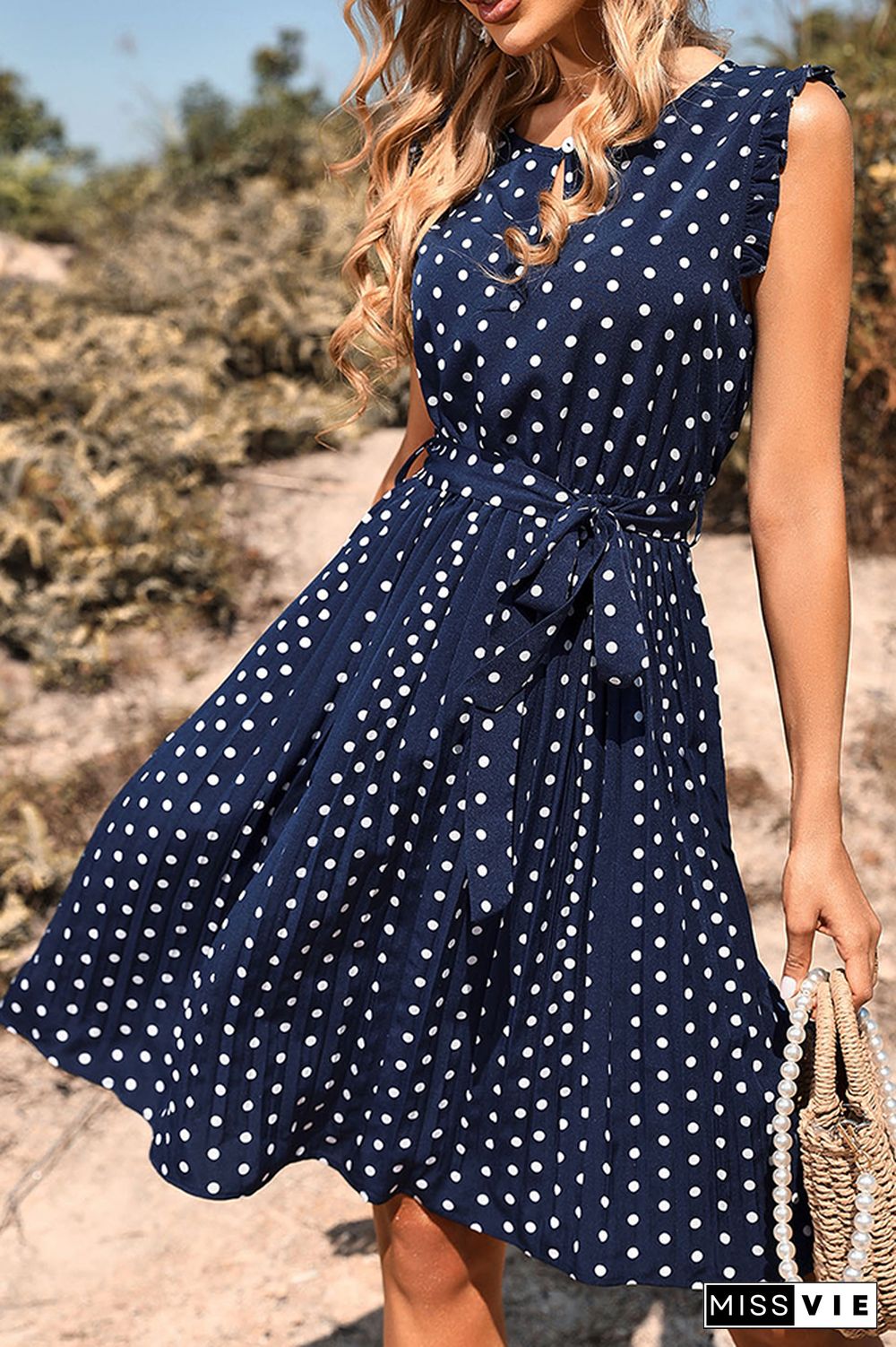 Polka Dot Crew Neck Short Sleeve Dress with Belt Wholesale