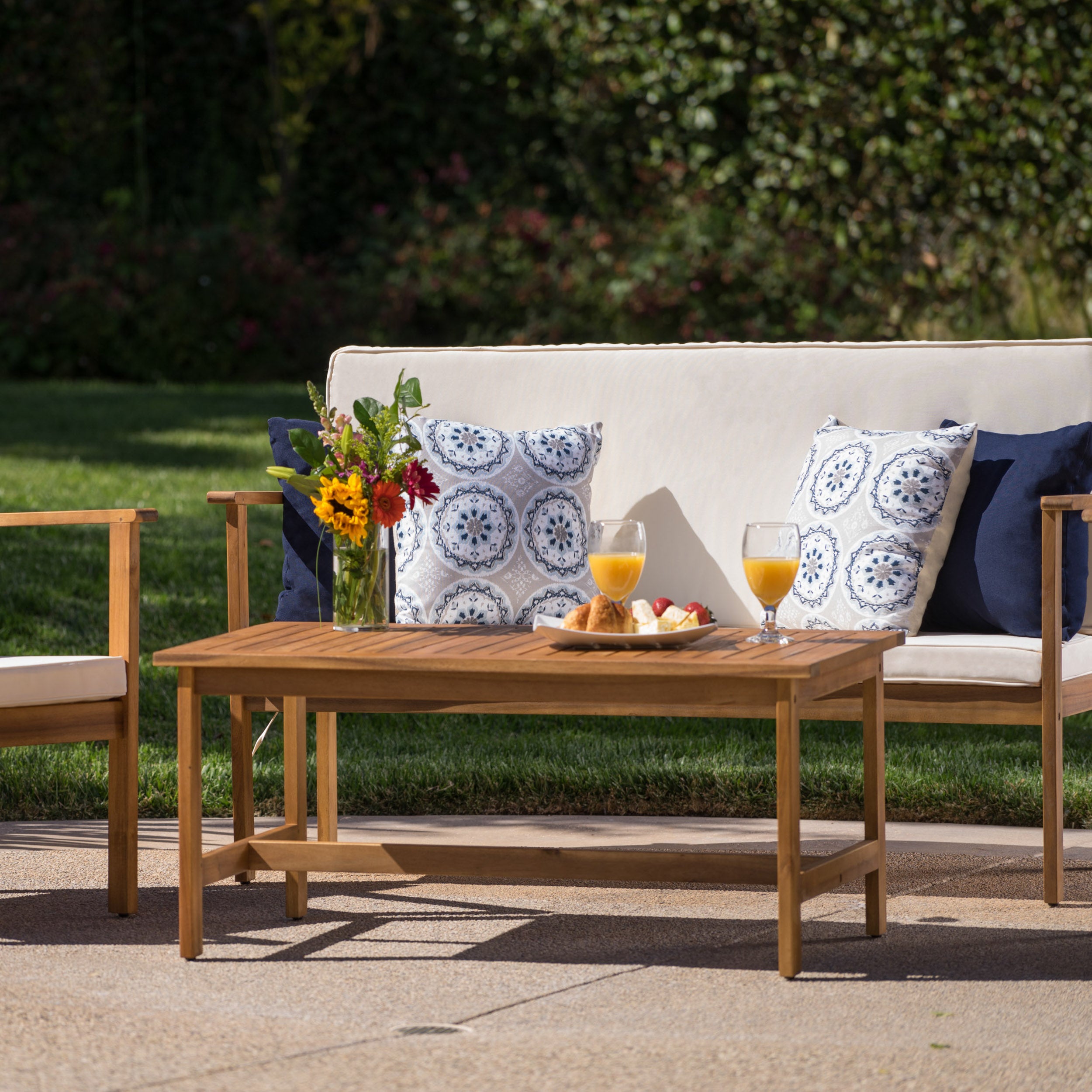 Luciano Outdoor Acacia Wood Chat Set w/ Water Resistant Cushions