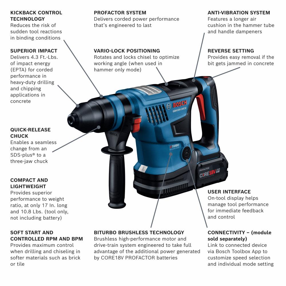 Bosch PROFACTOR 18V Bulldog 1 1/4 Rotary Hammer Kit Connected Ready SDS plus with 2 CORE18V 8Ah PROFACTOR Performance Batteries