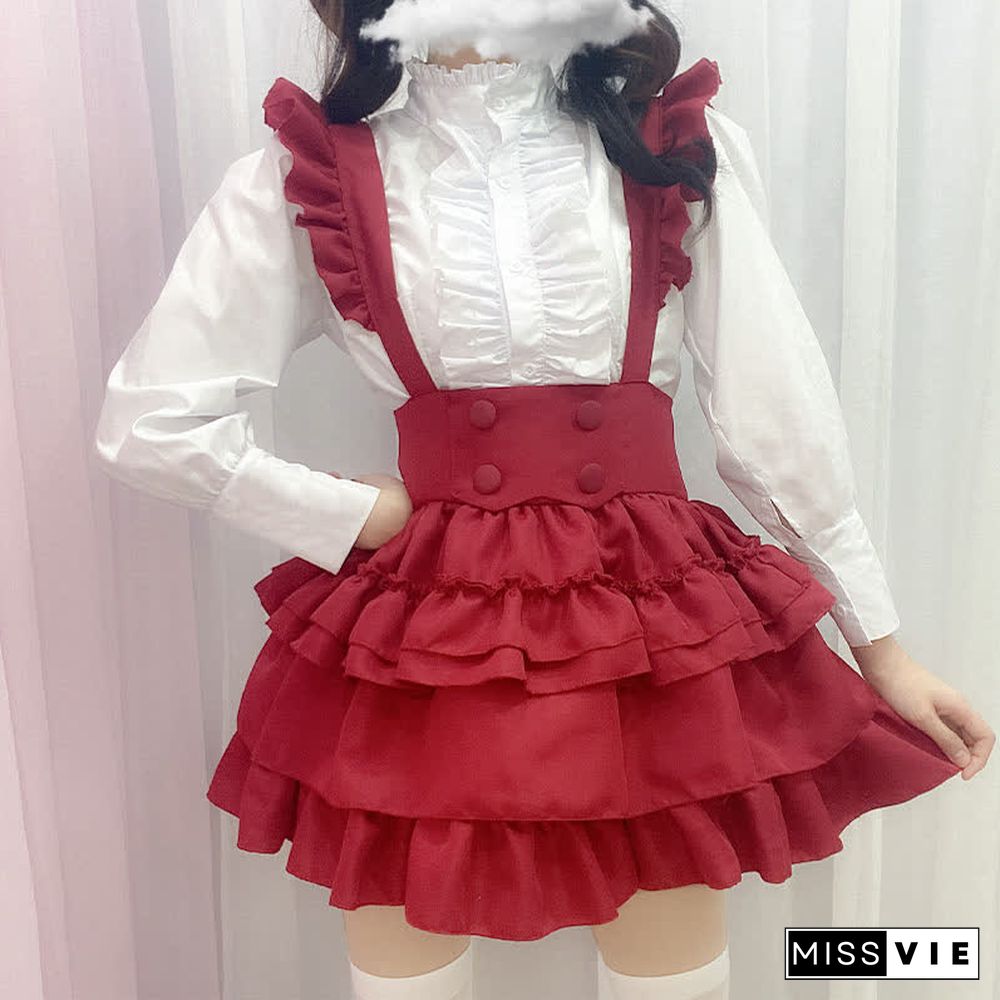 Lolita Button Ruffled Shirt Bubble Overalls Skirt Two Piceces Set