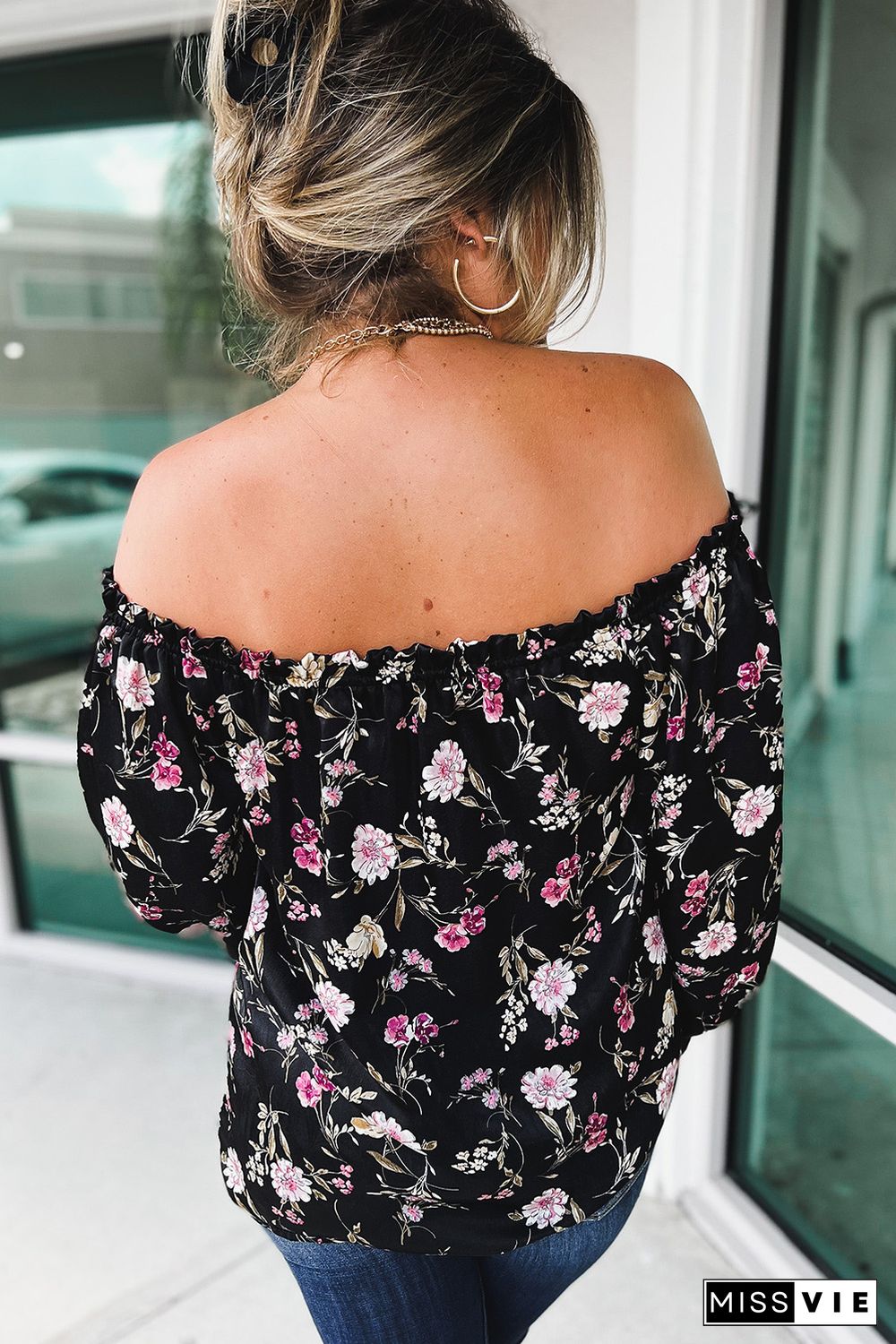 Black Floral Off Shoulder Plus Size Top