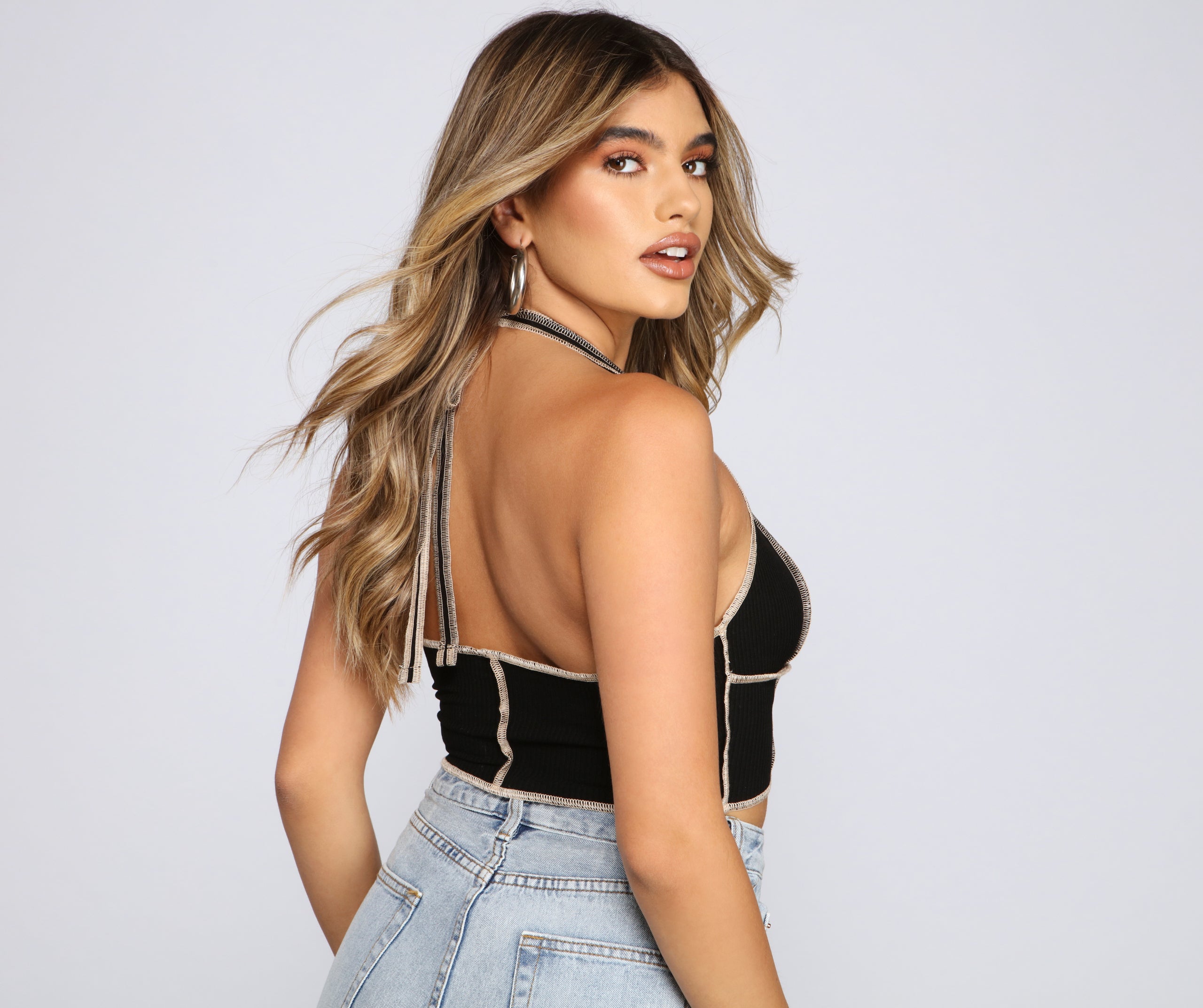 Taking The Plunge Ribbed Knit Halter Top