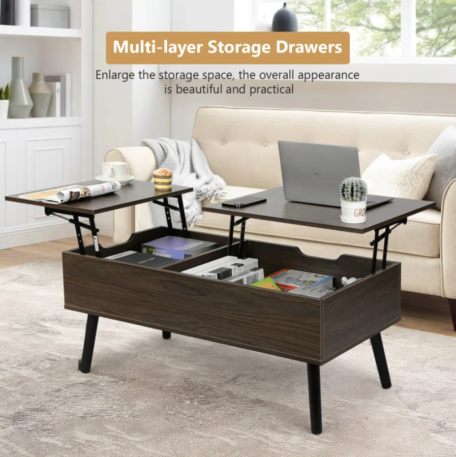 Lift Top Coffee Table with Storage, Double Lift Top Rectangular Storage Coffee Table