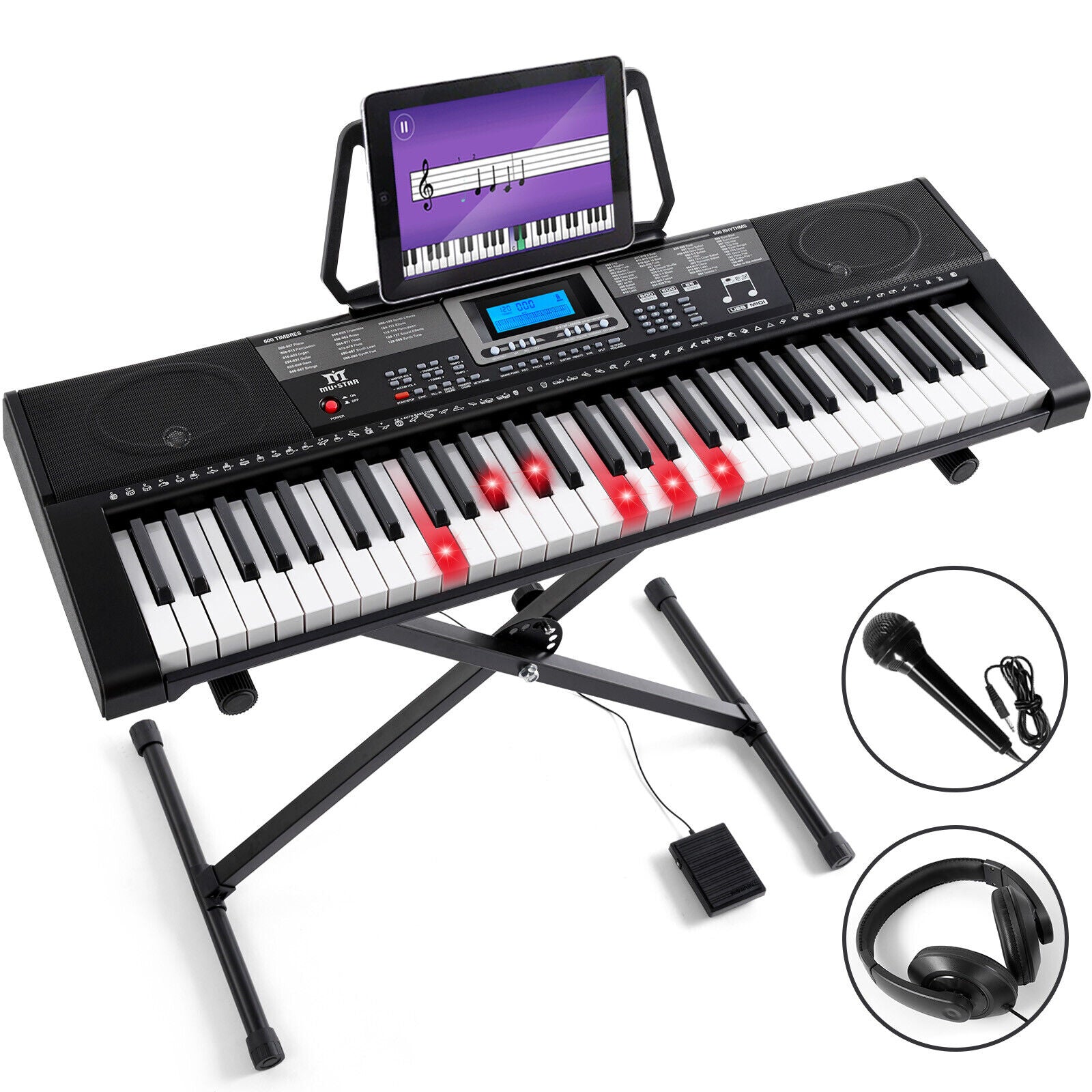Mustar 61 Lighted Keys Electronic Keyboard Piano Set with USB MIDI， Headphones， Microphone， Sustain Pedal， Stand for Beginner