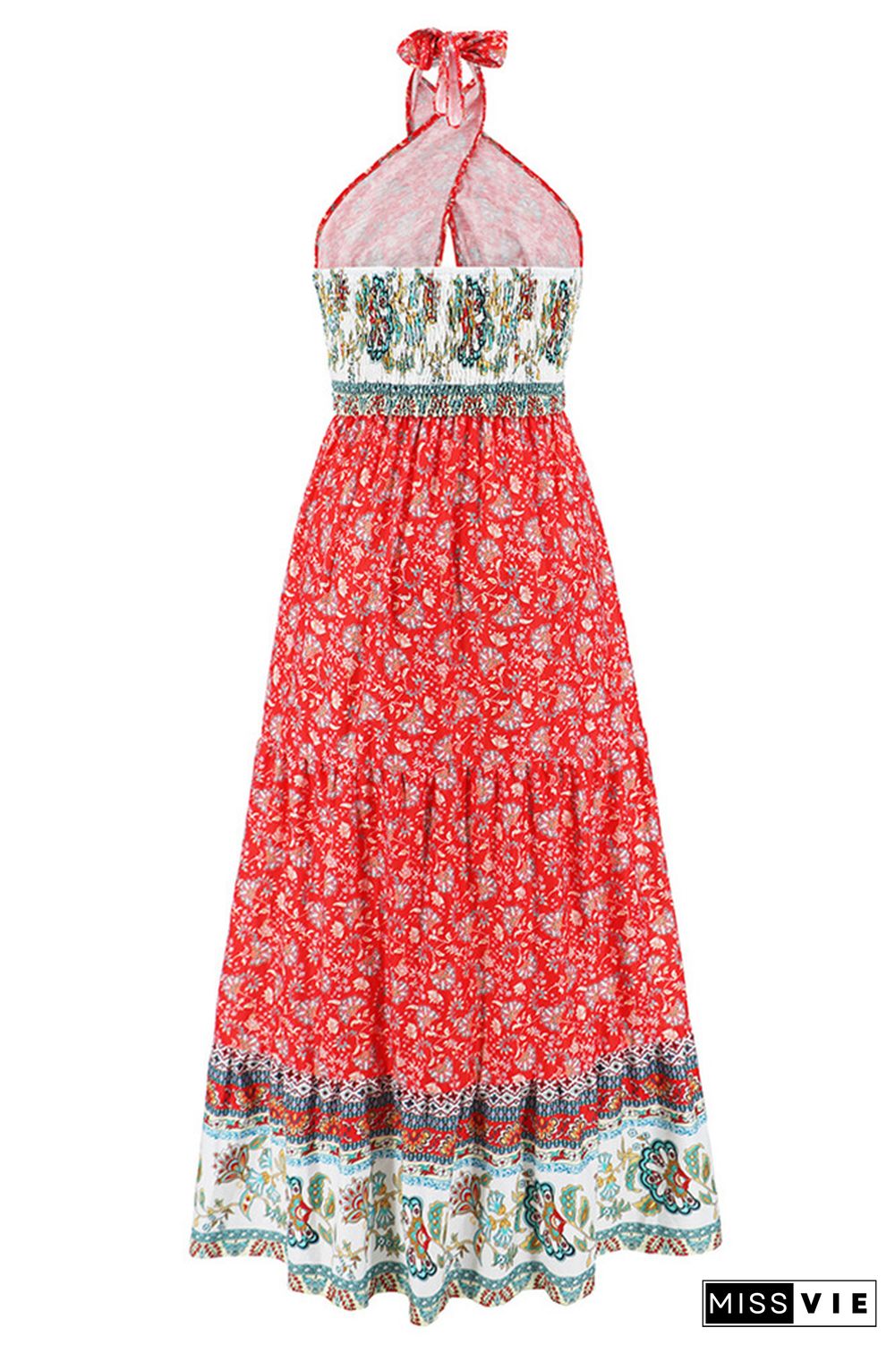 Twisted Halter Hollow Out Smocked Waist Boho Floral Maxi Dress