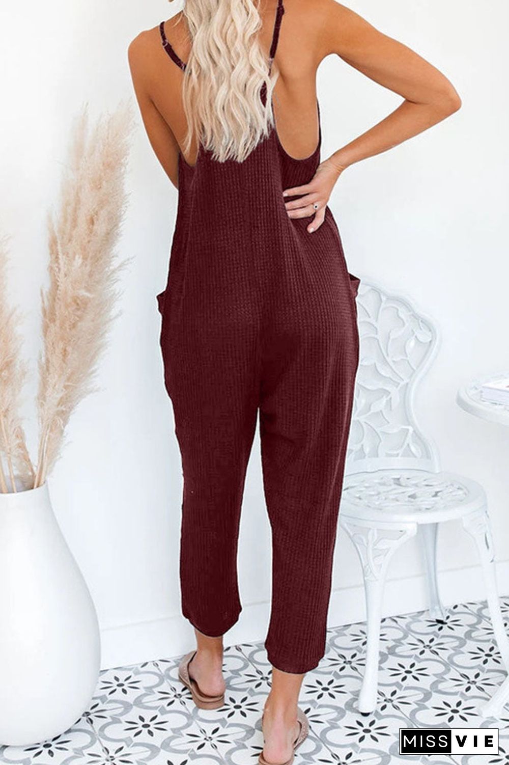 Fashion Street Solid Pocket V Neck Loose Jumpsuits(4 Colors)